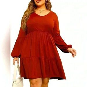 Celkuser Plus Size Long Lantern Sleeves Loose V-Neck Babydoll Dress with Pockets